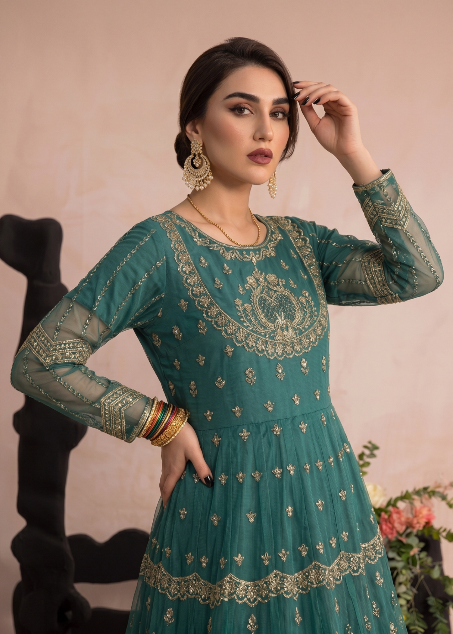 Pakistani Green Organza Embroidered Festive Wear Online in KSA Riyadh Saudi Arabia Oman Bahrain Qatar