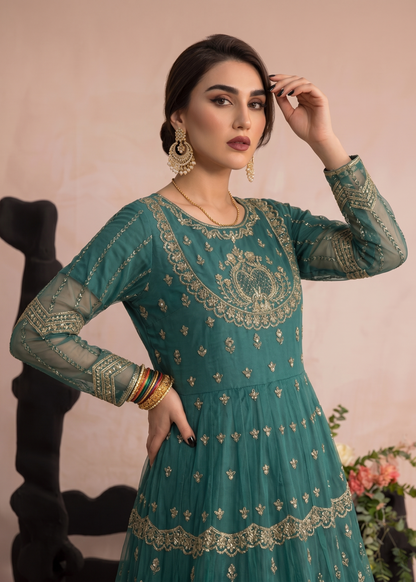 Pakistani Green Organza Embroidered Festive Wear Online in KSA Riyadh Saudi Arabia Oman Bahrain Qatar
