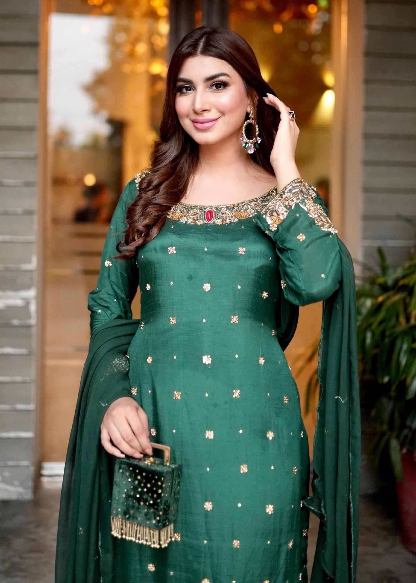 Pakistani Green Raw Silk Party Wear Salwar Kameez Online in KSA Riyadh Saudi Arabia Oman Bahrain Qatar