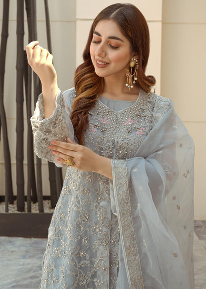 Pakistani Grey Embellished Organza Partywear Suit Online in KSA Riyadh Saudi Arabia Oman Bahrain Qatar