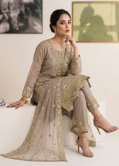 Pakistani Grey Embroidered Organza 3 Piece Suit Online in UK USA Canada