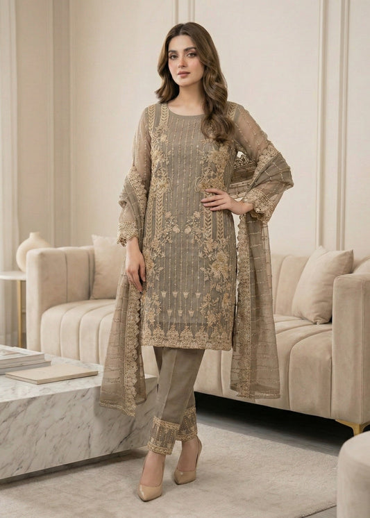 Pakistani Grey Embroidered Organza Salwar Kameez Online in KSA Riyadh Saudi Arabia Oman Bahrain Qatar
