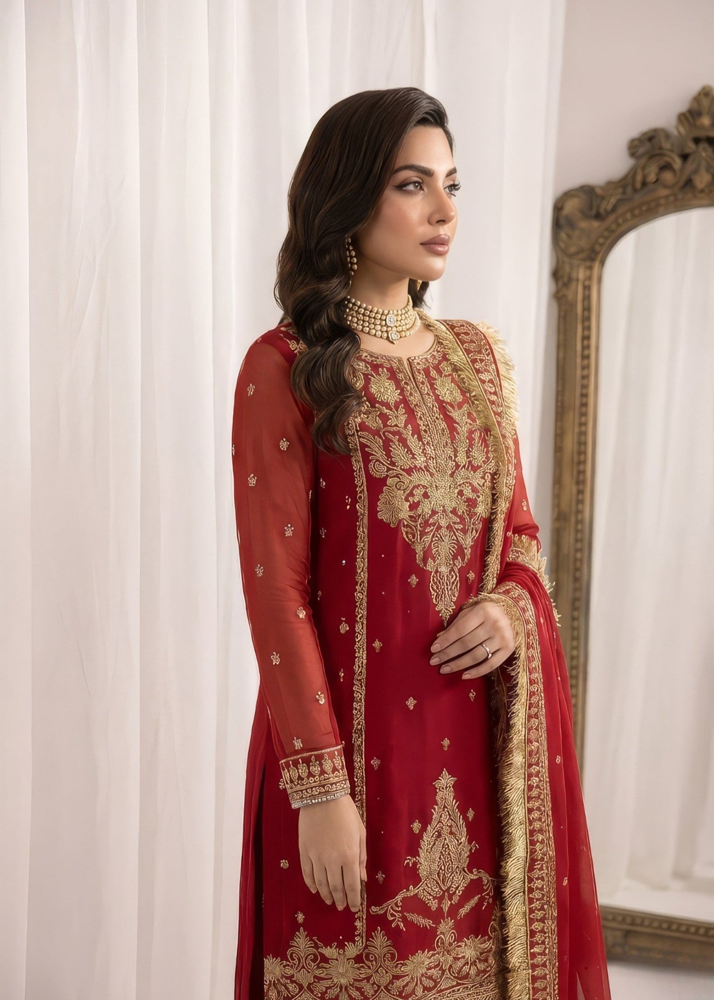 Pakistani Hot Pink Red Chiffon Festive Suit Online in KSA Riyadh Saudi Arabia Oman Bahrain Qatar