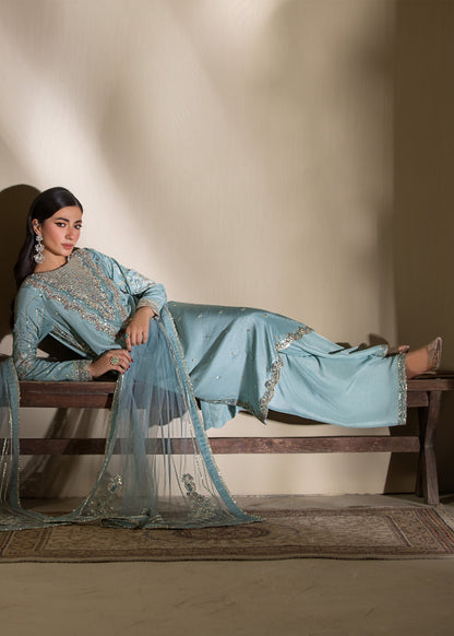 Pakistani Ice Blue Raw Silk Partywear Salwar Kameez Online in KSA Riyadh Saudi Arabia Oman Bahrain Qatar