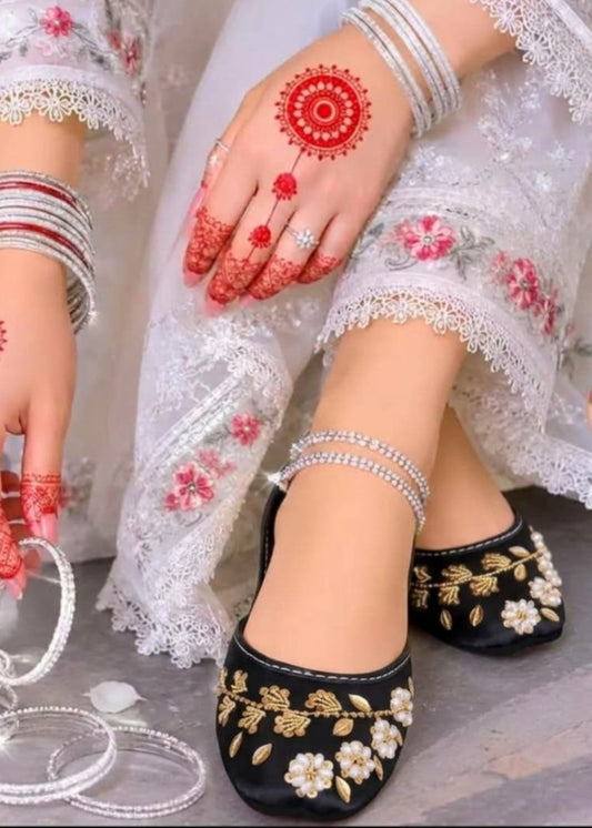 Elegant Black Silk Khussa with Rubber Sole Online in KSA Riyadh Saudi Arabia Oman Bahrain Qatar