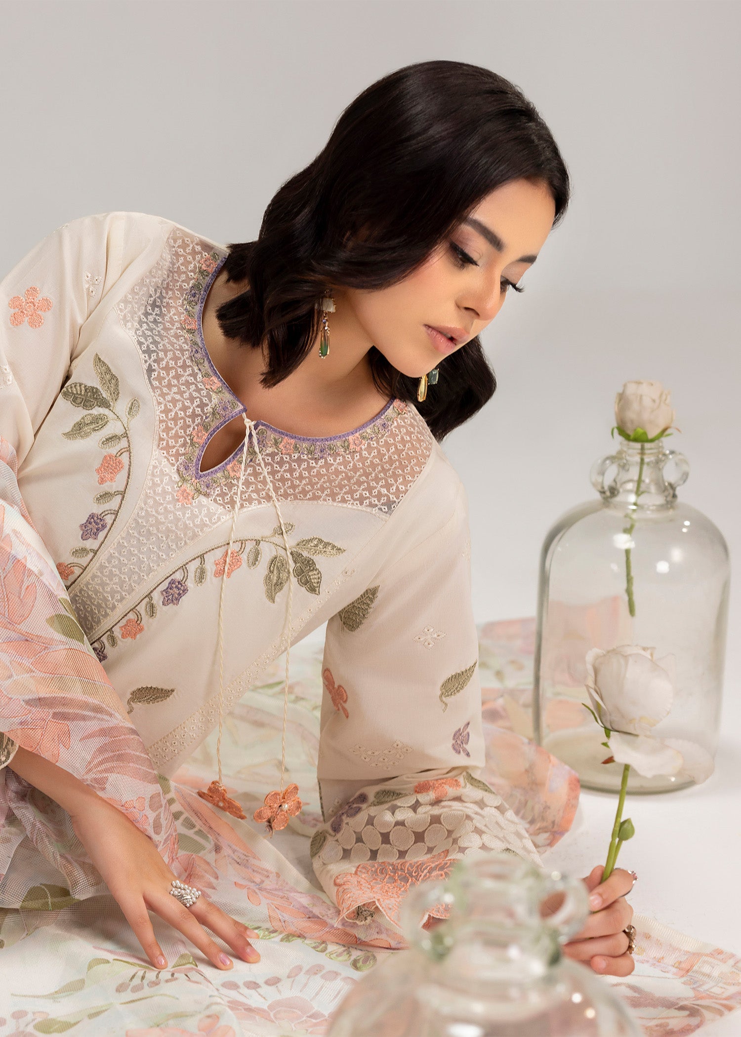Pakistani Ivory Lawn Party Wear Suit with Organza Dupatta Online in Dubai DXB UAE Abudhabi Meena Bazaar