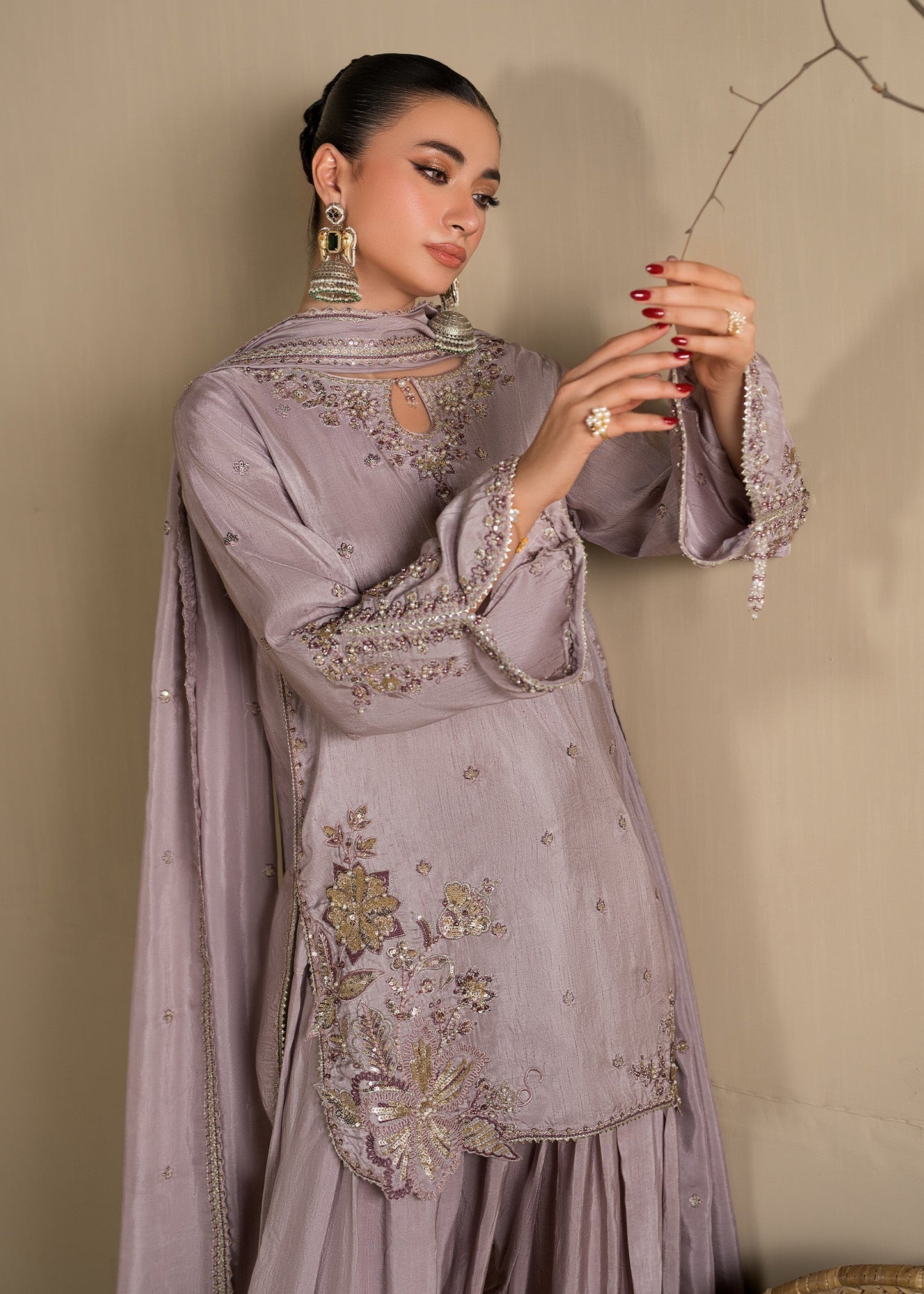 Pakistani Lavender Embroidered Farshi Gharara Online in KSA Riyadh Saudi Arabia Oman Bahrain Qatar