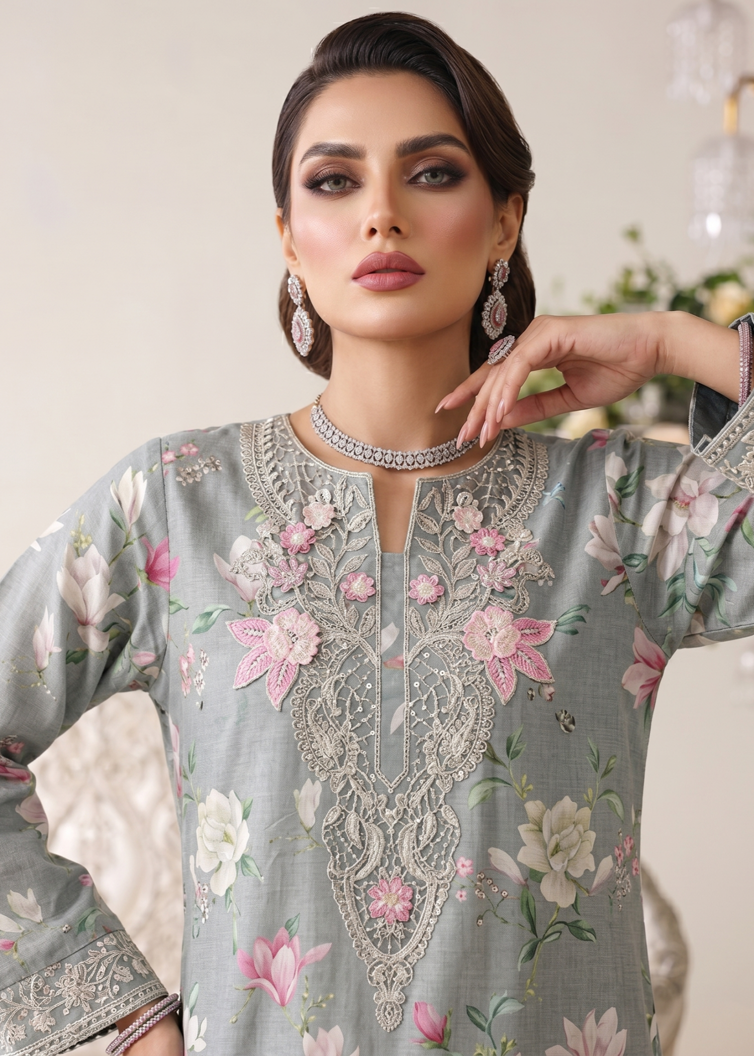 Pakistani Lawn Gharara Embroidered Suit Online in KSA Riyadh Saudi Arabia Oman Bahrain Qatar