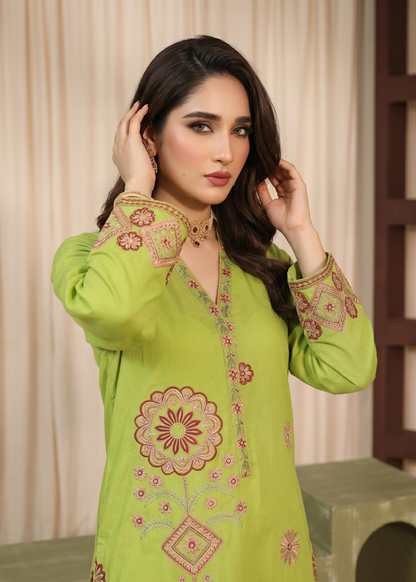 Pakistani Lawn Suit Lime Green Embroidered Online in Dubai DXB UAE Abudhabi Meena Bazaar