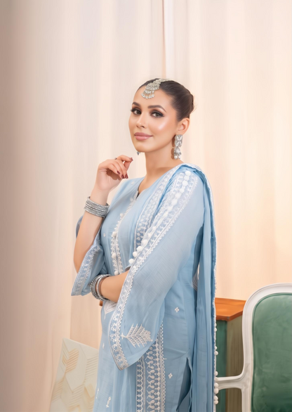 Pakistani Light Blue Chiffon Embroidered Suit Online in KSA Riyadh Saudi Arabia Oman Bahrain Qatar
