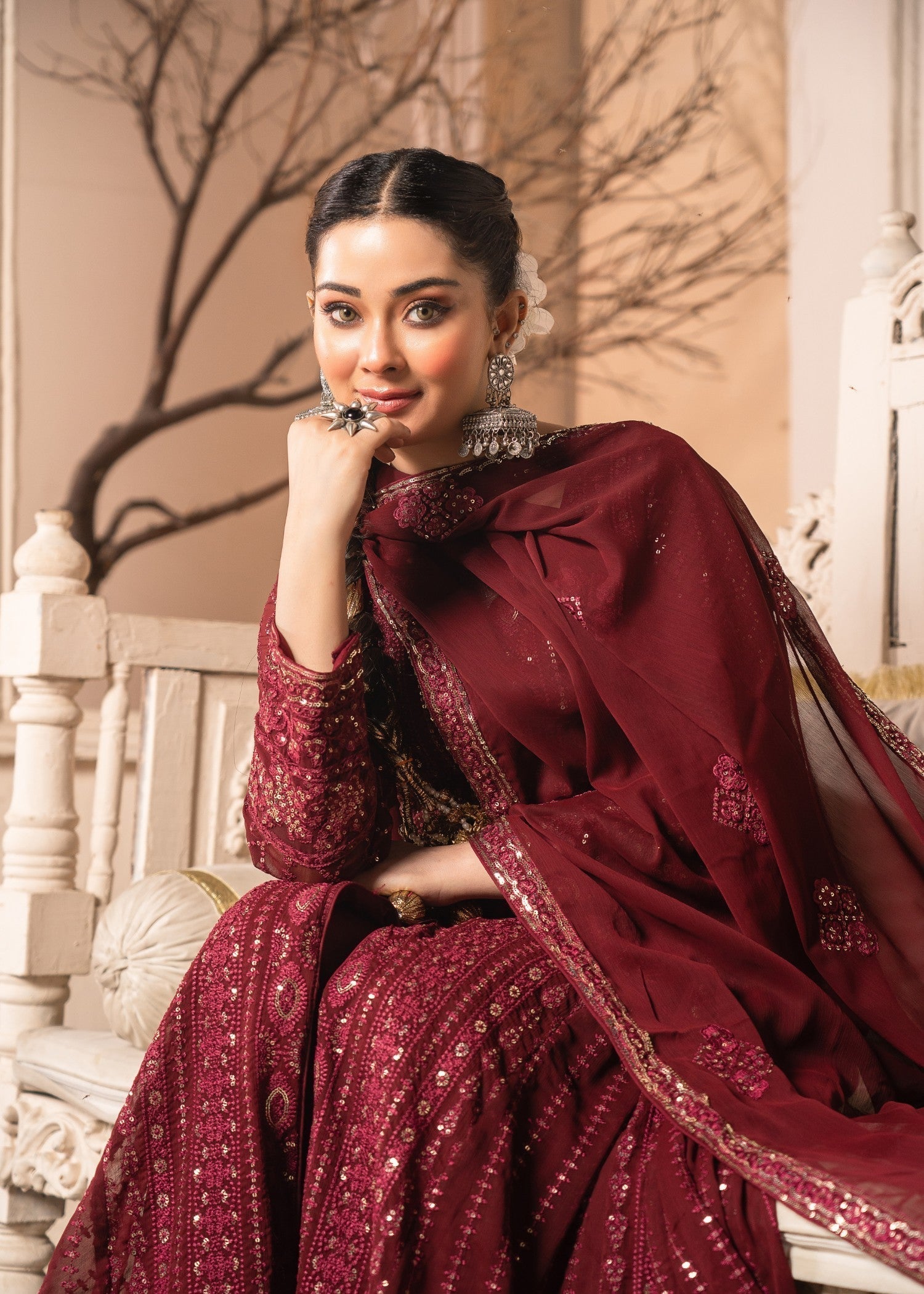 Pakistani Maroon Chiffon Embellished Suit Online in KSA Riyadh Saudi Arabia Oman Bahrain Qatar