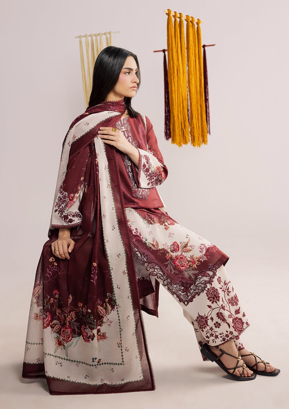 Pakistani Maroon Embroidered Lawn Salwar Kameez Online in KSA Riyadh Saudi Arabia Oman Bahrain Qatar