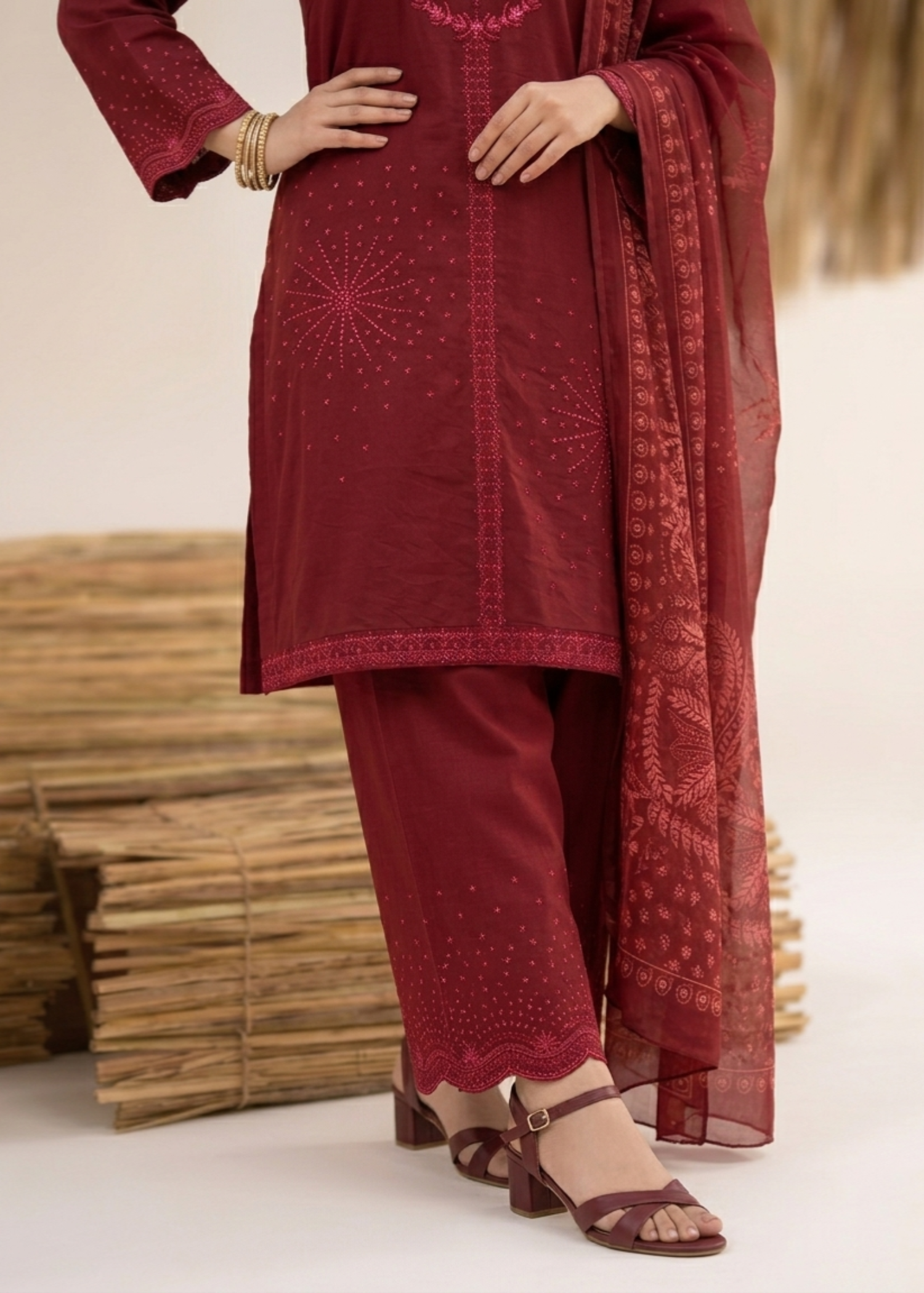 Pakistani Maroon Lawn Embroidered Suit Online in KSA Riyadh Saudi Arabia Oman Bahrain Qatar