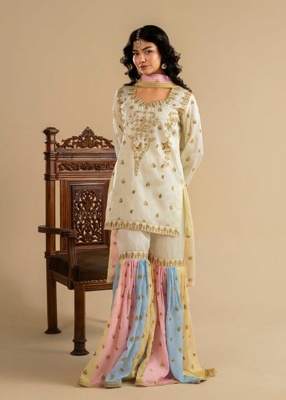 Pakistani Mehndi Outfit Ivory Raw Silk Gharara Online in KSA Riyadh Saudi Arabia Oman Bahrain Qatar