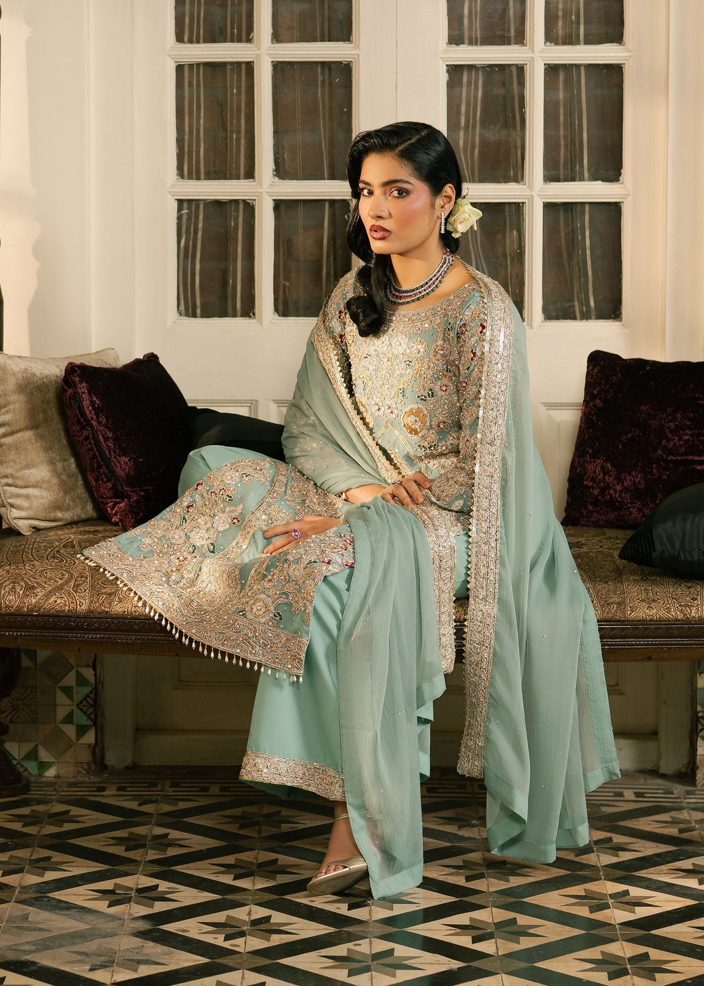 Pakistani Mint Green Chiffon Embroidered Suit Online in KSA Riyadh Saudi Arabia Oman Bahrain Qatar