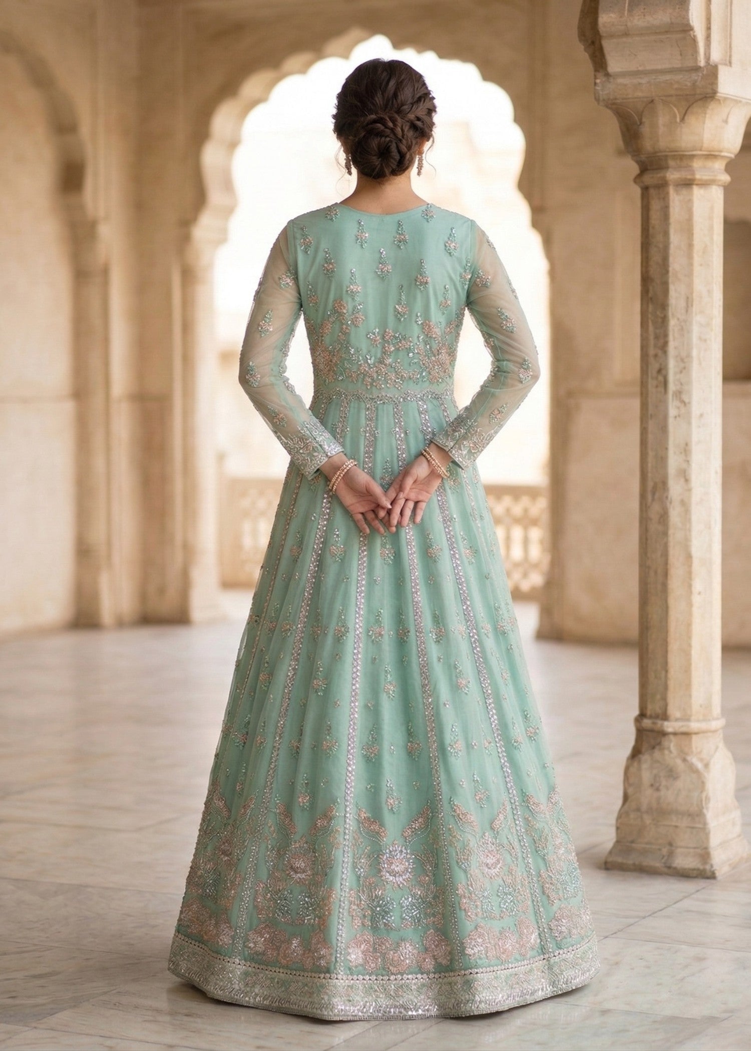 Pakistani Mint Green Organza Embroidered Suit Online in KSA Riyadh Saudi Arabia Oman Bahrain Qatar