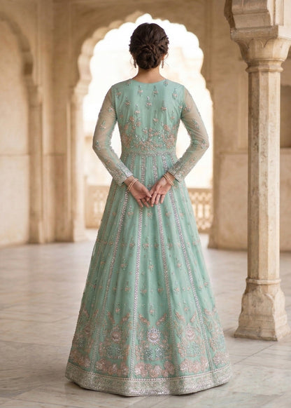 Pakistani Mint Green Organza Embroidered Suit Online in KSA Riyadh Saudi Arabia Oman Bahrain Qatar