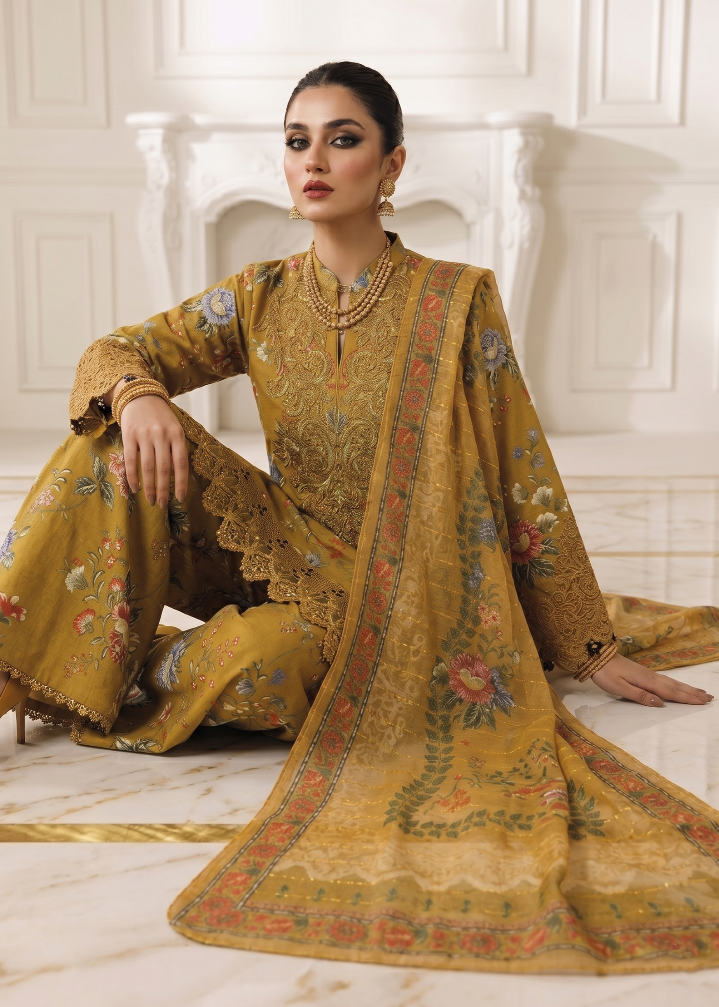 Pakistani Mustard Embroidered Lawn Suit Online in KSA Riyadh Saudi Arabia Oman Bahrain Qatar
