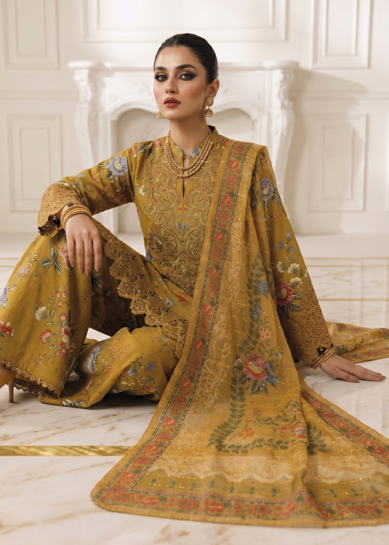 Pakistani Mustard Embroidered Lawn Suit Online in KSA Riyadh Saudi Arabia Oman Bahrain Qatar