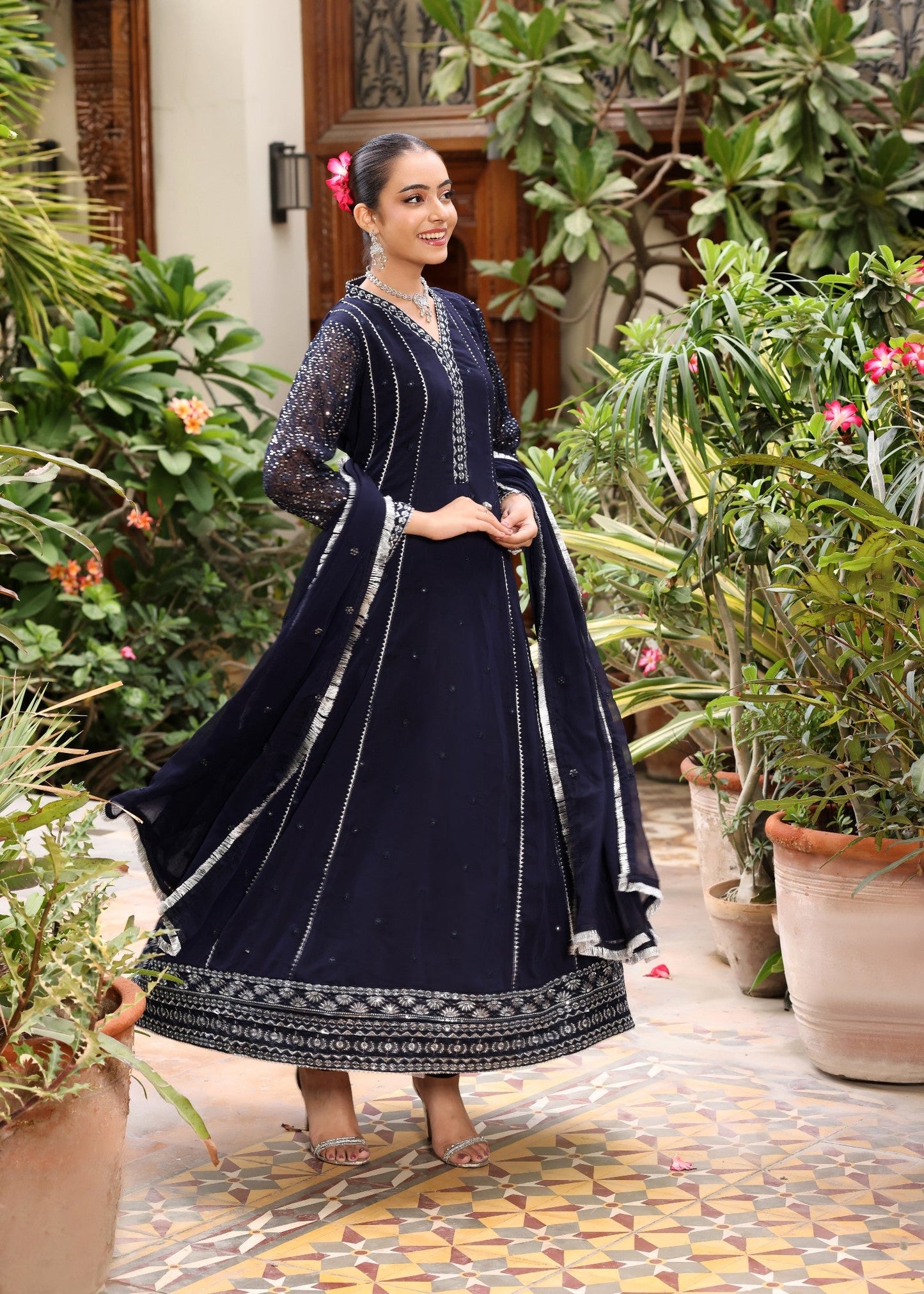 Pakistani Navy Blue Chiffon Flared Pishwas Salwar Kameez Online in KSA Riyadh Saudi Arabia Oman Bahrain Qatar