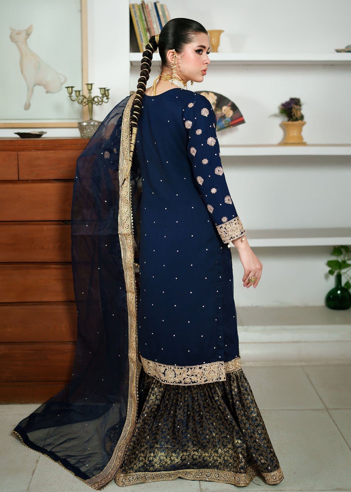 Pakistani Navy Blue Chiffon Gharara Suit Online in Dubai UAE Abudhabi Ajman Sharjah