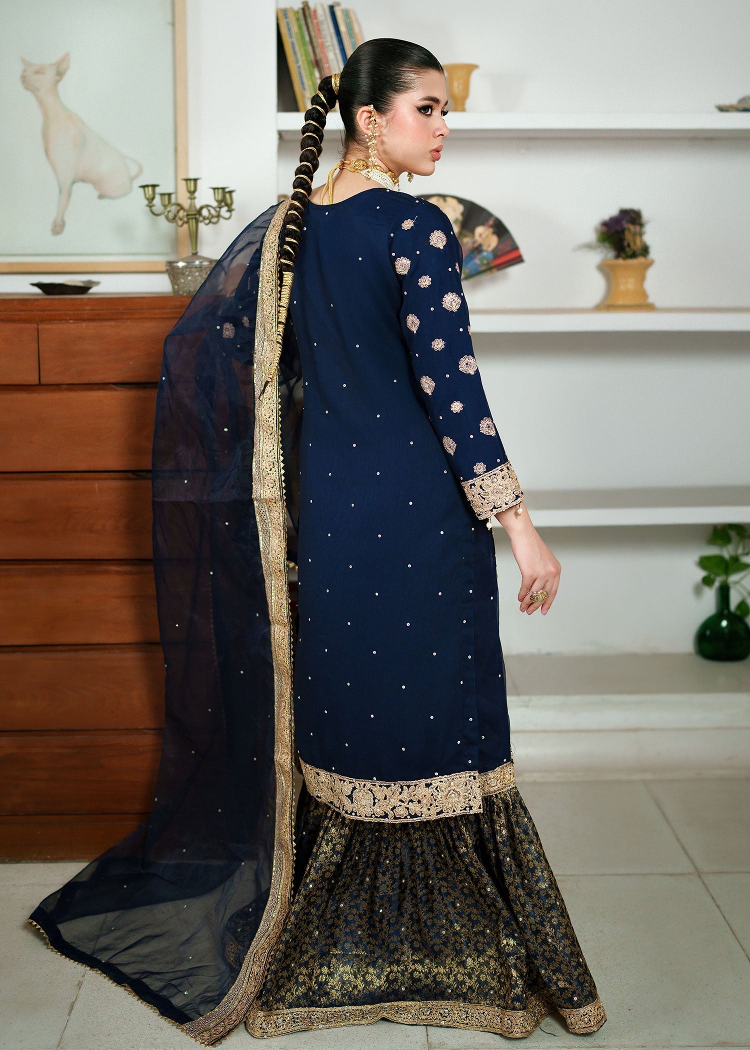 Pakistani Navy Blue Chiffon Gharara Suit Online in Dubai UAE Abudhabi Ajman Sharjah