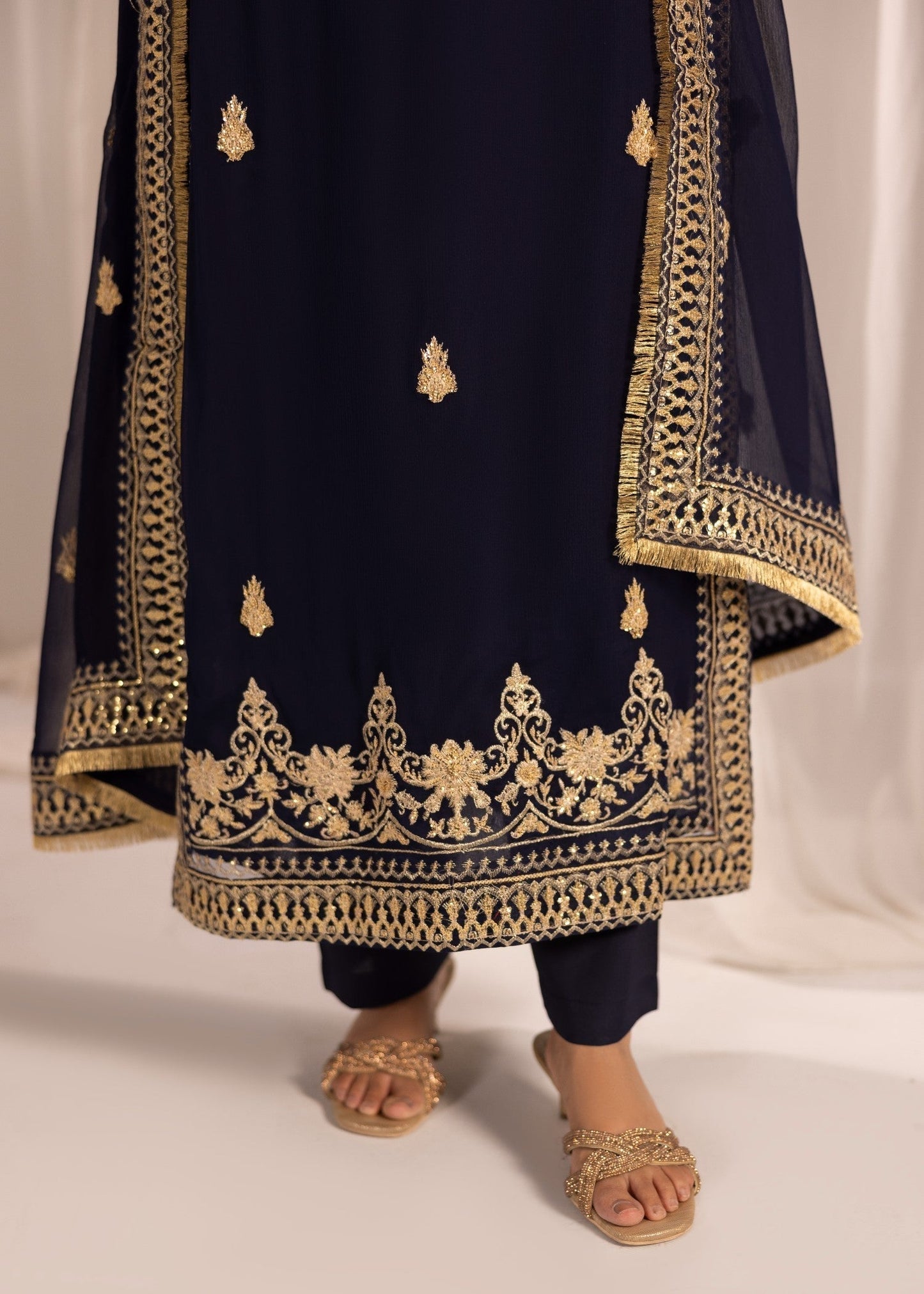 Pakistani Navy Blue Embroidered Chiffon Kurta Set Online in Dubai DXB UAE Abudhabi Meena Bazaar