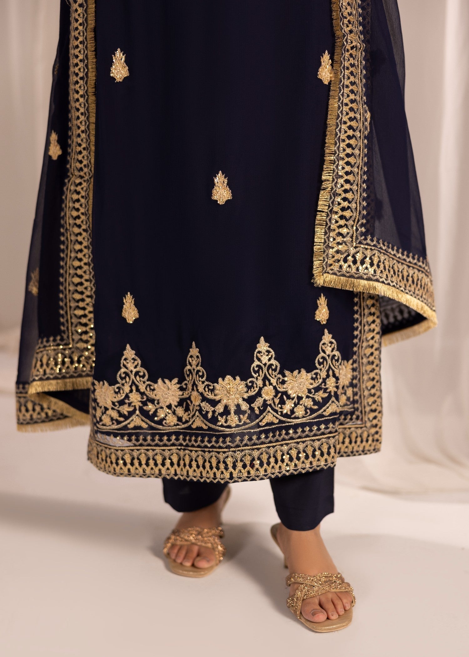 Pakistani Navy Blue Embroidered Chiffon Kurta Set Online in Dubai DXB UAE Abudhabi Meena Bazaar