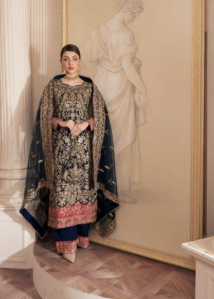 Pakistani Navy Blue Embroidered Net Dress Material Online in KSA Riyadh Saudi Arabia Oman Bahrain Qatar
