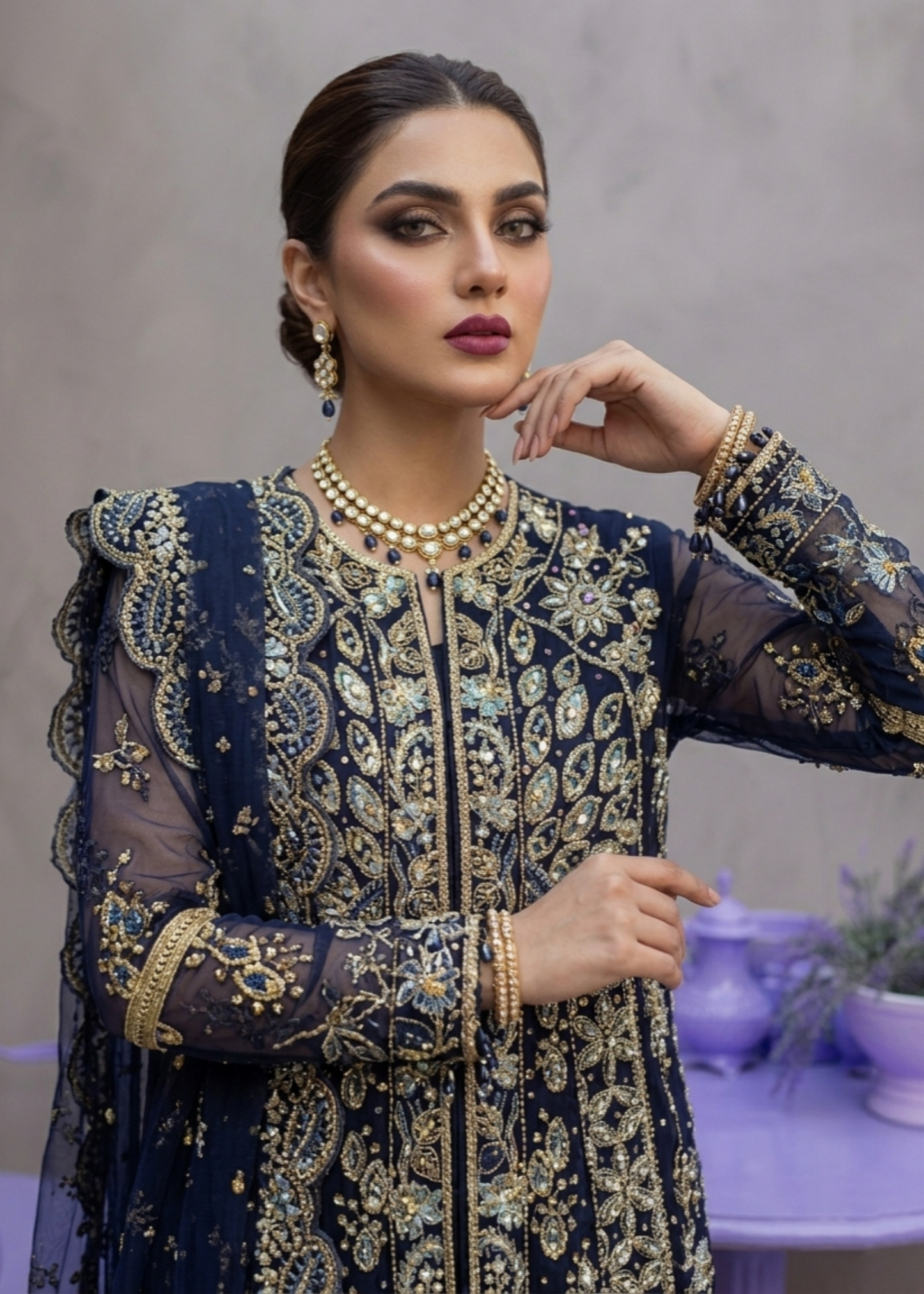 Pakistani Navy Blue Embroidered Organza Dress Material Online in KSA Riyadh Saudi Arabia Oman Bahrain Qatar