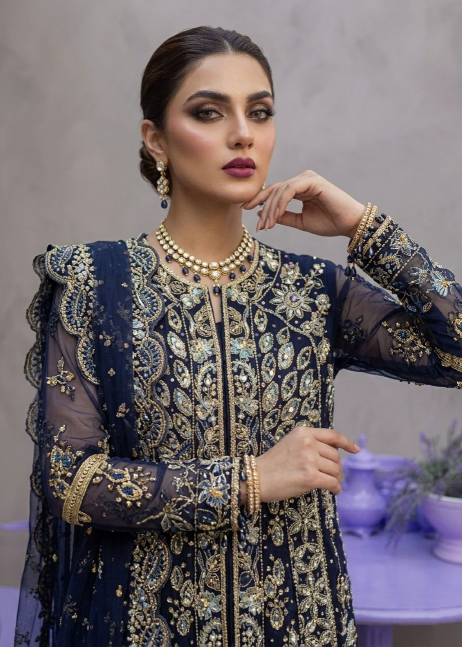 Pakistani Navy Blue Embroidered Organza Dress Material Online in KSA Riyadh Saudi Arabia Oman Bahrain Qatar