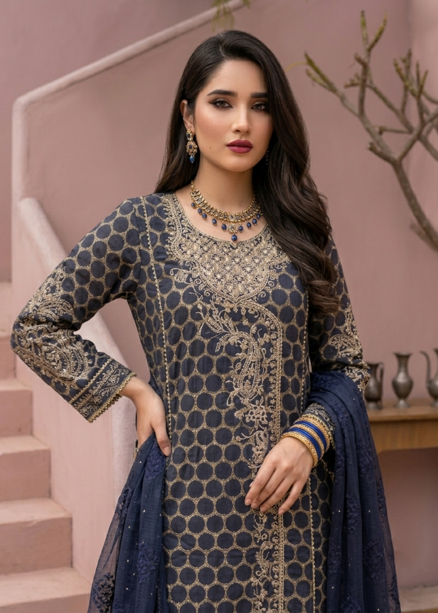 Pakistani Navy Blue Jacquard Embroidered Dress Online in KSA Riyadh Saudi Arabia Oman Bahrain Qatar