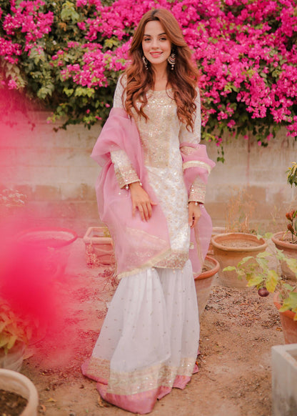 Pakistani Off-White Chiffon Gharara Suit Online in KSA Riyadh Saudi Arabia Oman Bahrain Qatar