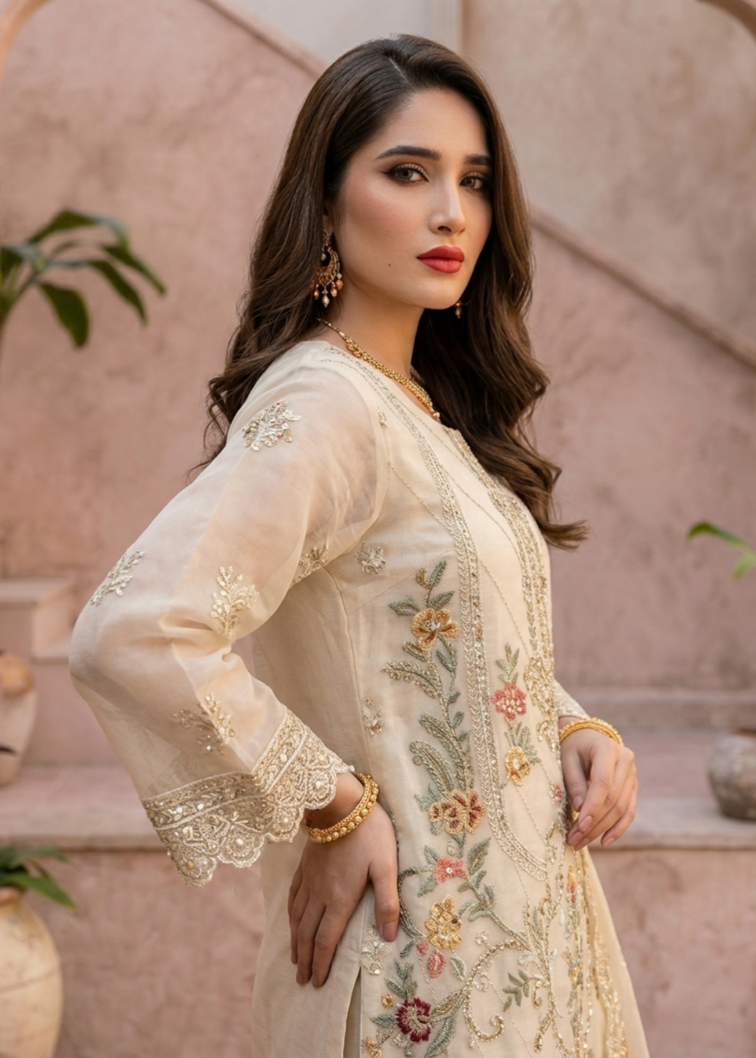 Pakistani Off-White Embroidered Organza Suit Online in KSA Riyadh Saudi Arabia Oman Bahrain Qatar