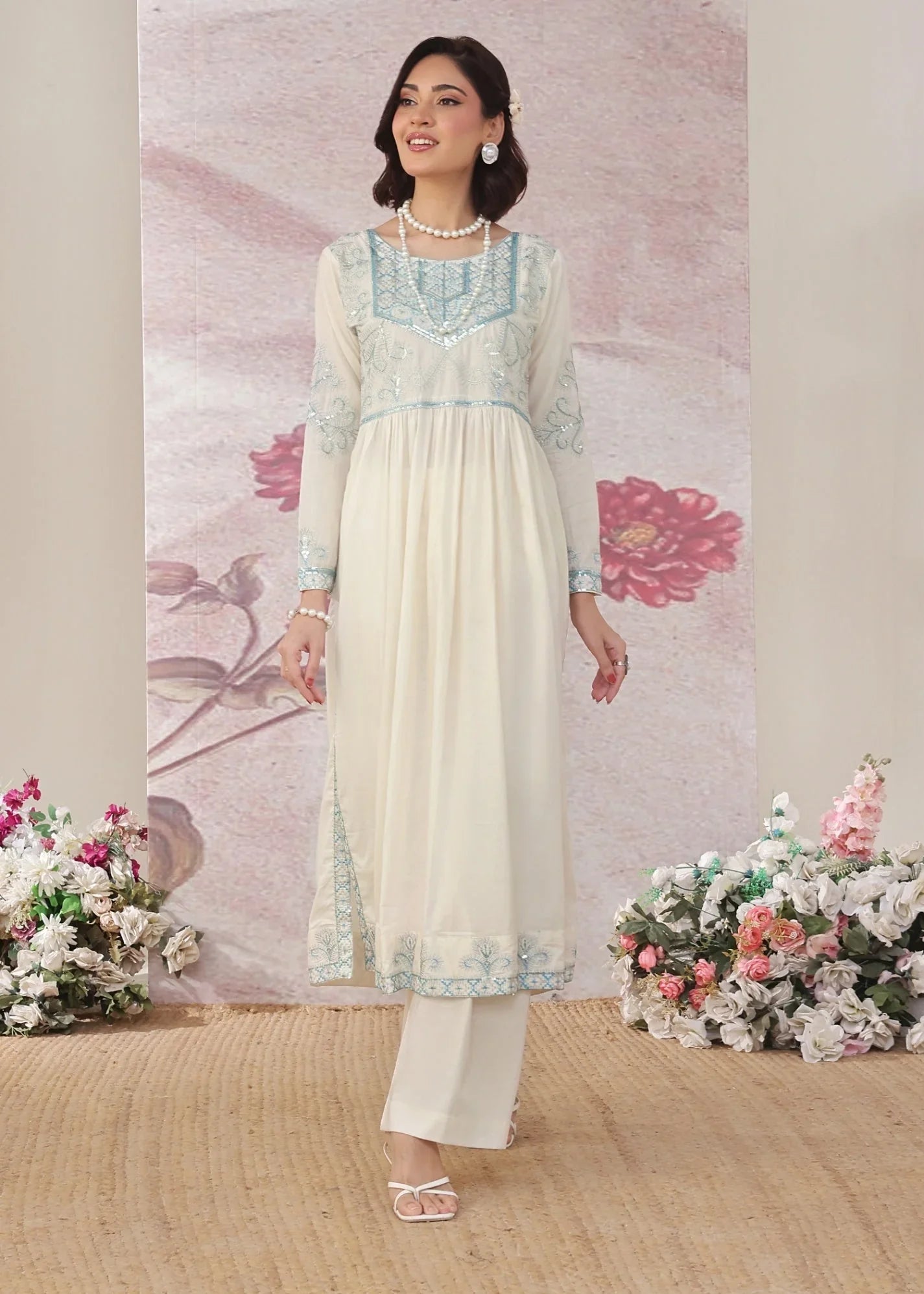 Pakistani Off-White Lawn Embroidered Suit Online in Dubai UAE Abudhabi Ajman Sharjah