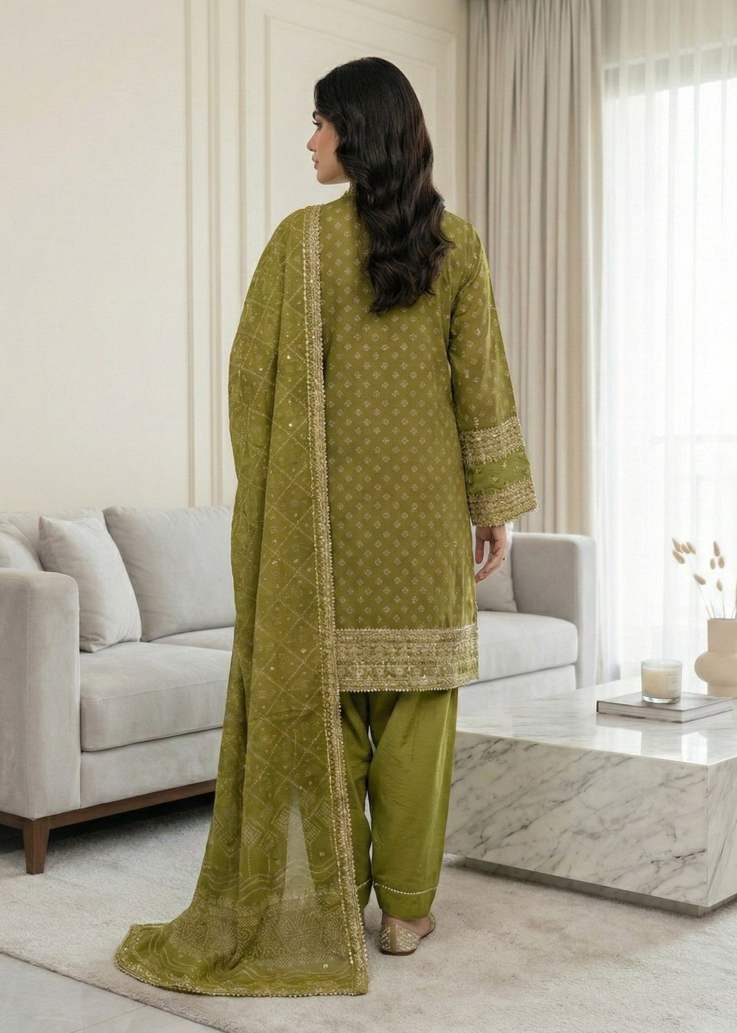 Pakistani Olive Green Embroidered Farshi Shalwar Online in KSA Riyadh Saudi Arabia Oman Bahrain Qatar
