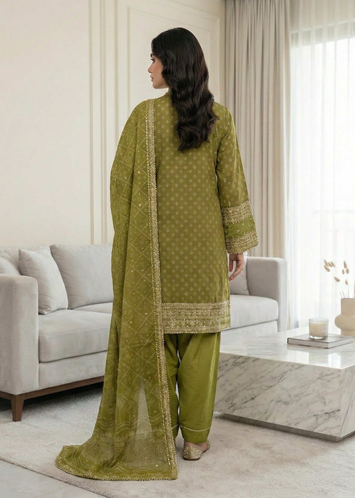 Pakistani Olive Green Embroidered Farshi Shalwar Online in KSA Riyadh Saudi Arabia Oman Bahrain Qatar