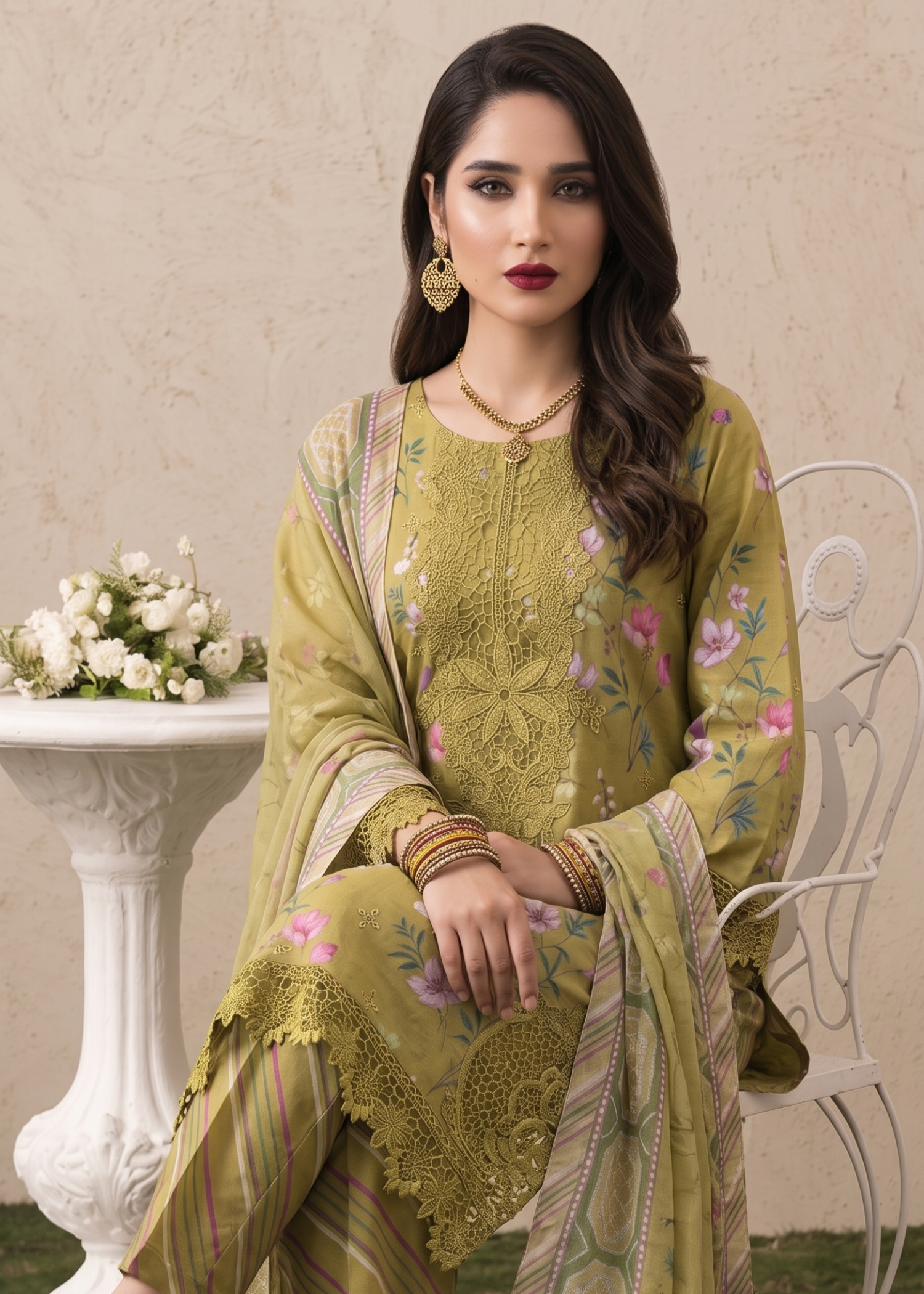 Pakistani Olive Green Embroidered Lawn Suit Online in KSA Riyadh Saudi Arabia Oman Bahrain Qatar