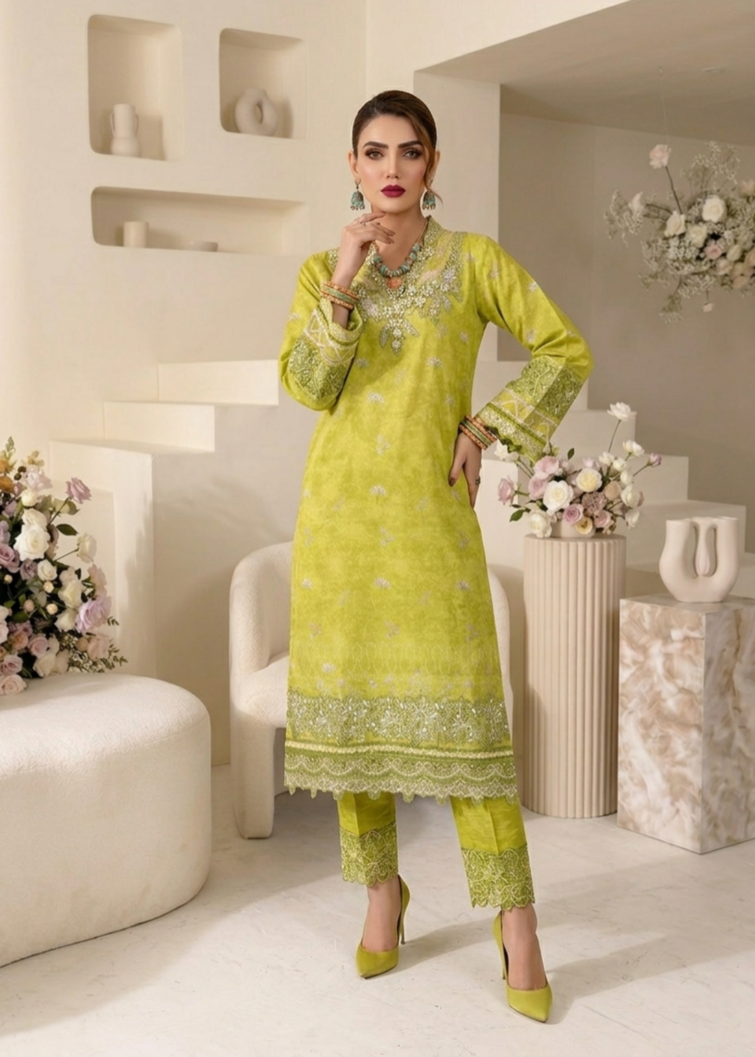 Pakistani Olive Green Embroidered Raw Silk Festive Outfit Online in KSA Riyadh Saudi Arabia Oman Bahrain Qatar