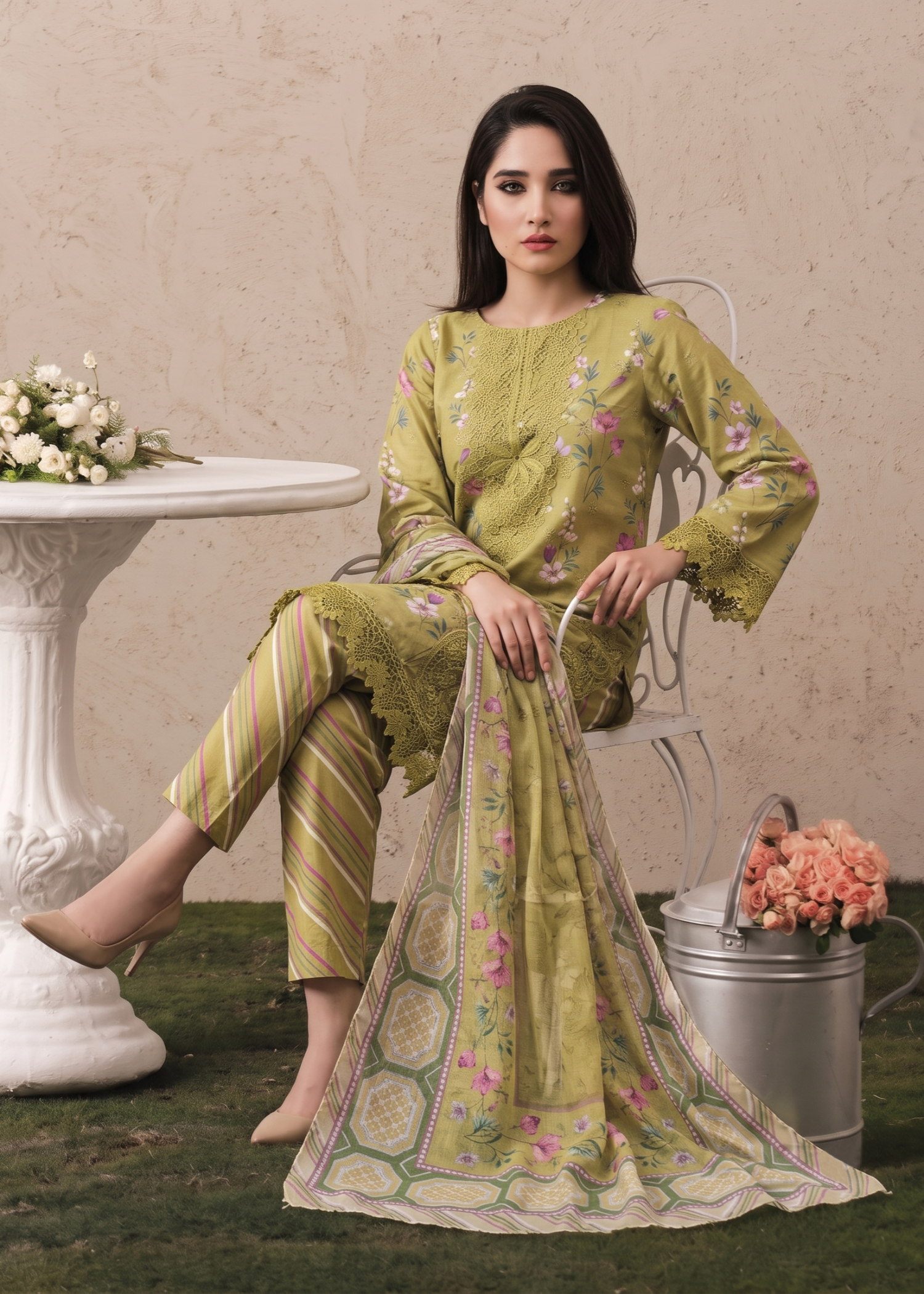 Pakistani Olive Green Lawn Suit Online in KSA Riyadh Saudi Arabia Oman Bahrain Qatar