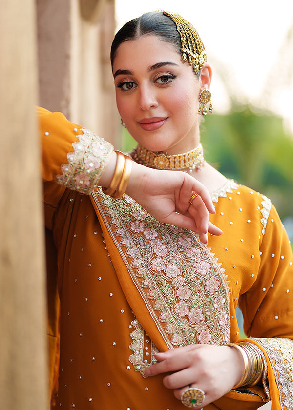 Pakistani Orange Chiffon Embroidered Dress Online in KSA Riyadh Saudi Arabia Oman Bahrain Qatar