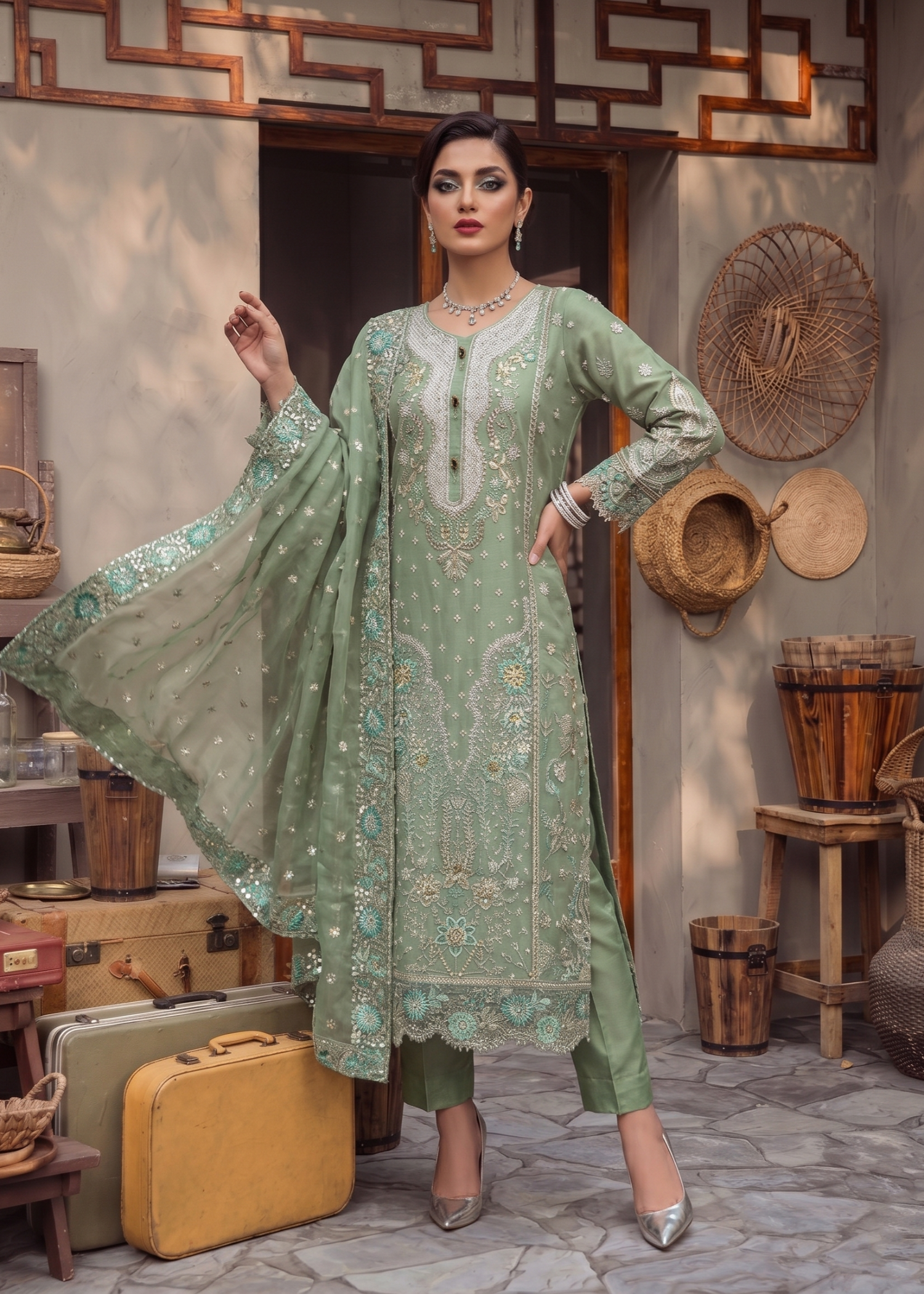 Pakistani Party Wear Moss Green Organza Dress Online in KSA Riyadh Saudi Arabia Oman Bahrain Qatar