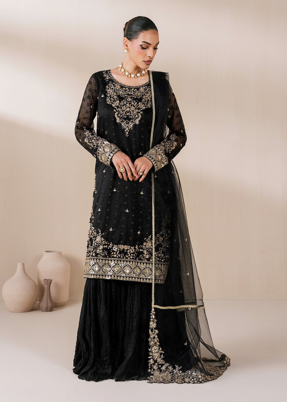 Pakistani Partywear Black Organza Sharara Set Online in KSA Riyadh Saudi Arabia Oman Bahrain Qatar