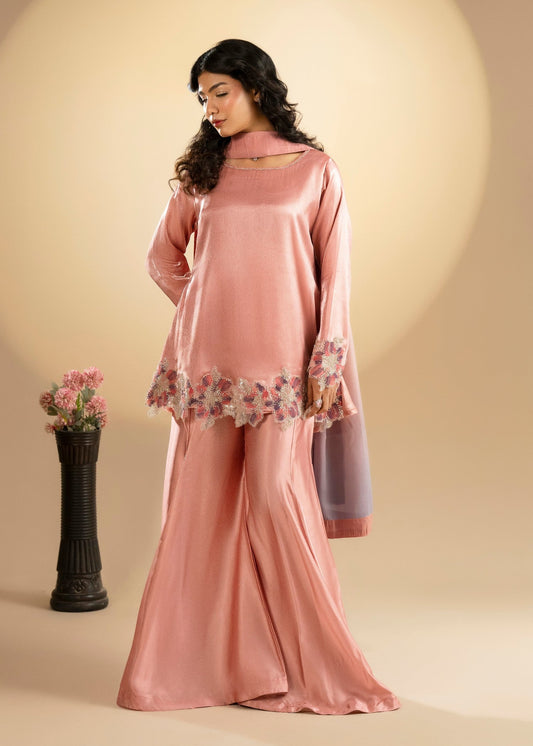 Pakistani Partywear Rose Pink Tissue Silk Sharara Gharara Online in KSA Riyadh Saudi Arabia Oman Bahrain Qatar