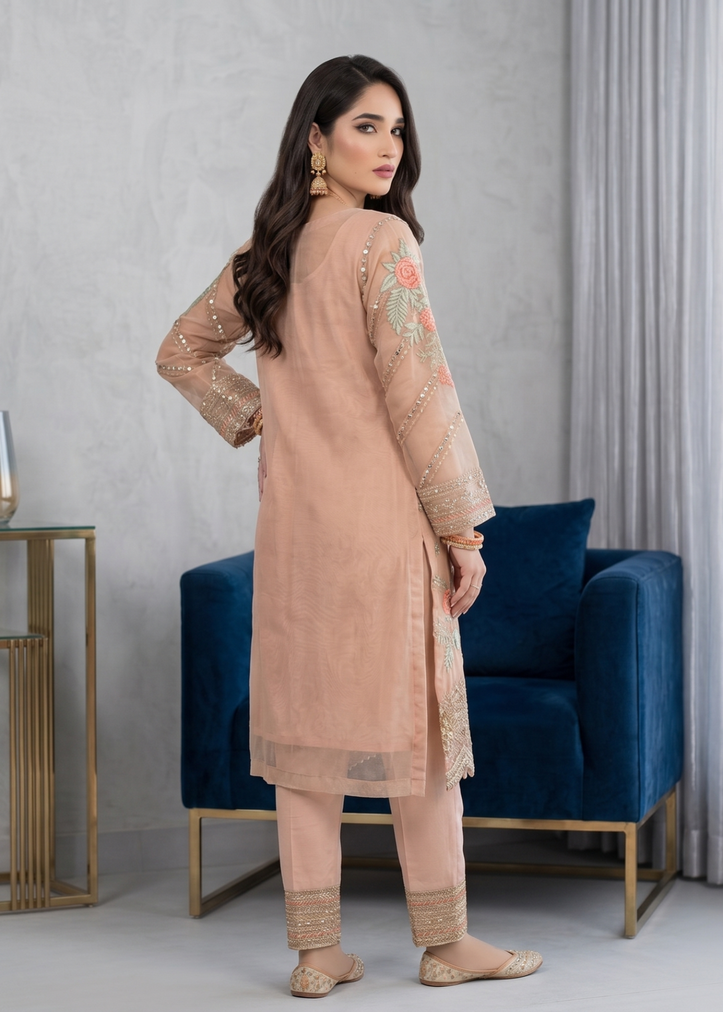 Pakistani Peach Embroidered Organza Dress Online in KSA Riyadh Saudi Arabia Oman Bahrain Qatar