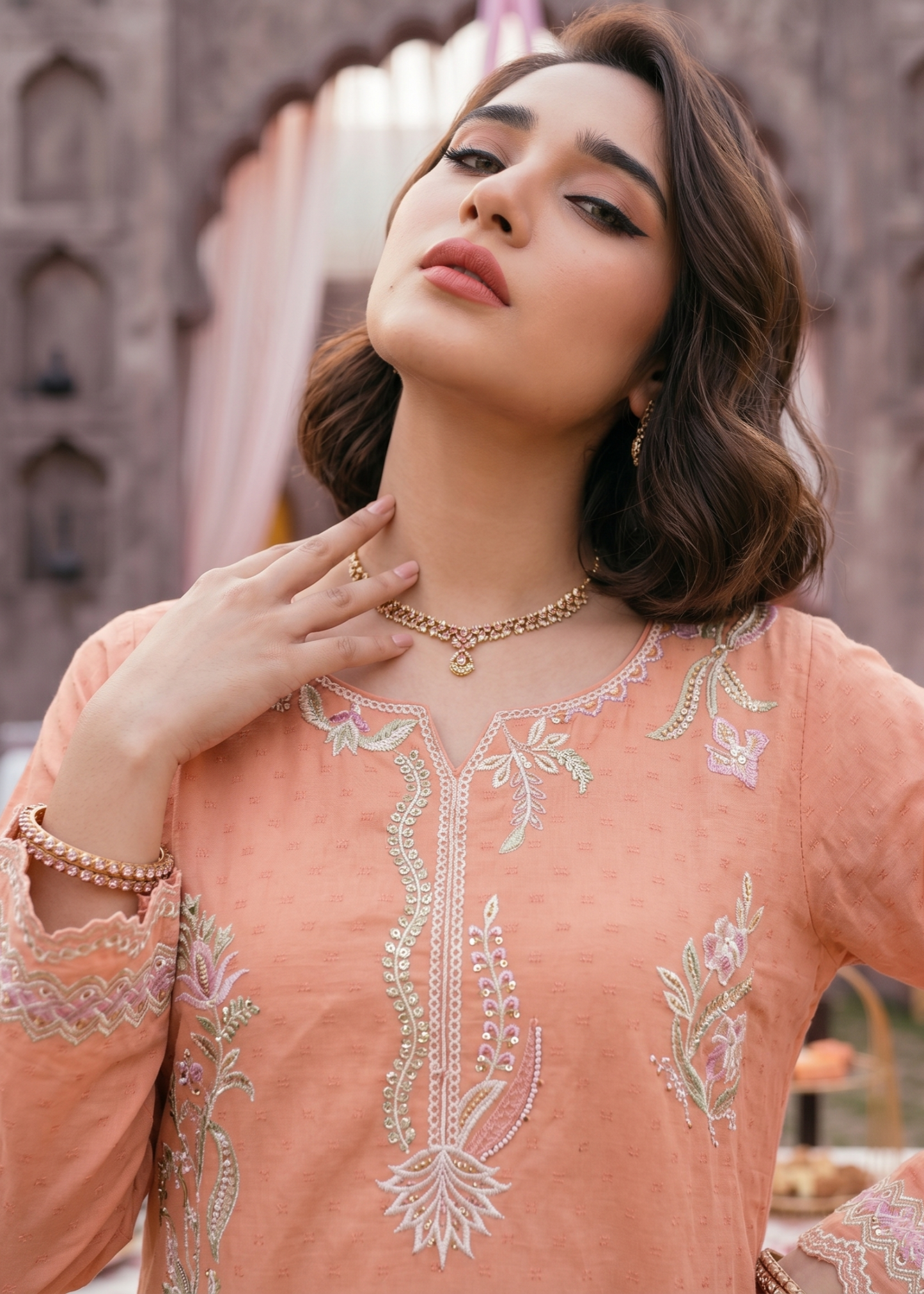 Pakistani Peach Lawn Embroidered 3 Piece Online in KSA Riyadh Saudi Arabia Oman Bahrain Qatar