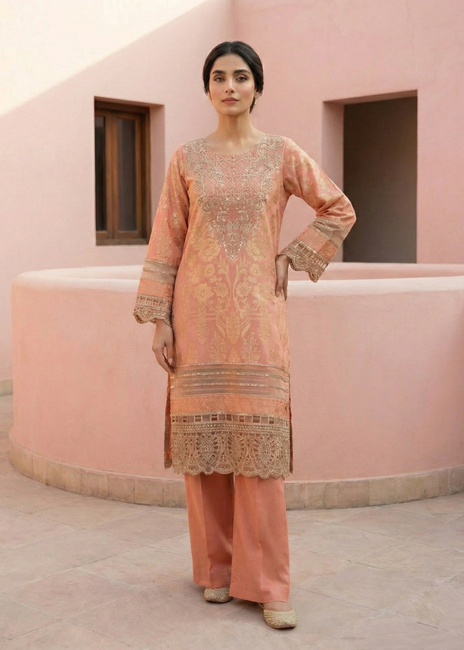 Pakistani Peach Lawn Festive Wear Suit Online in KSA Riyadh Saudi Arabia Oman Bahrain Qatar