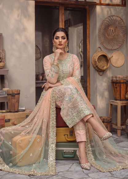 Pakistani Peach Organza Embroidered Salwar Kameez Online in KSA Riyadh Saudi Arabia Oman Bahrain Qatar