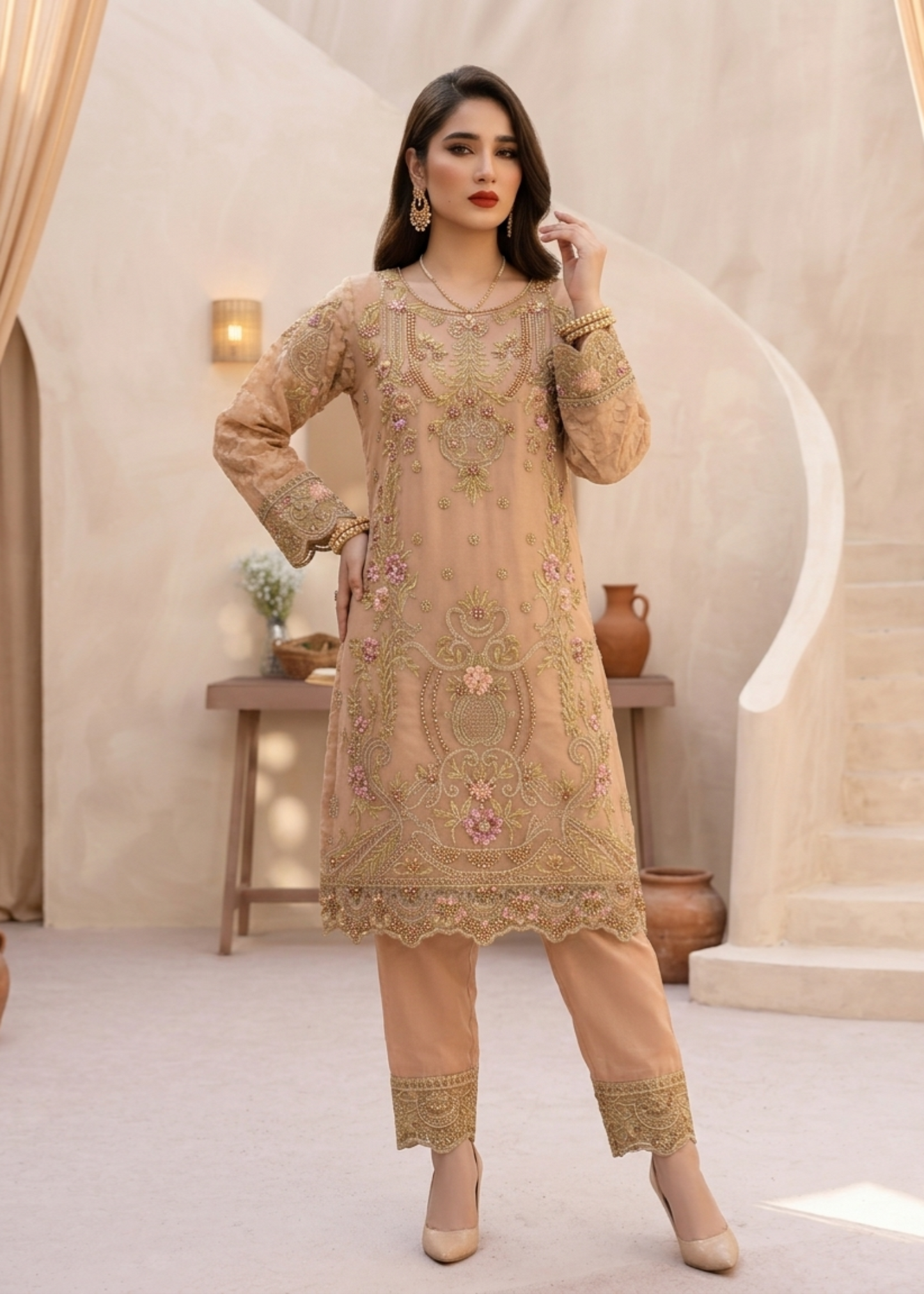 Pakistani Peach Organza Partywear Suit Online in KSA Riyadh Saudi Arabia Oman Bahrain Qatar