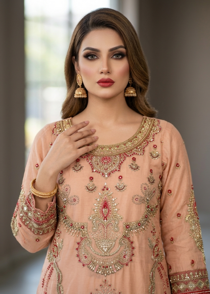 Pakistani Peach Organza Sharara Suit for Women Online in KSA Riyadh Saudi Arabia Oman Bahrain Qatar